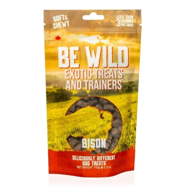 A bag of Be Wild Exotic Treats and Trainers - Bison, featuring high-protein, hypoallergenic dog treats made with real bison and natural ingredients for training and rewards.