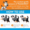 Instructional image showing step-by-step how to put the ThunderShirt on a dog, demonstrating how easy it is to use this vet-recommended calming aid.