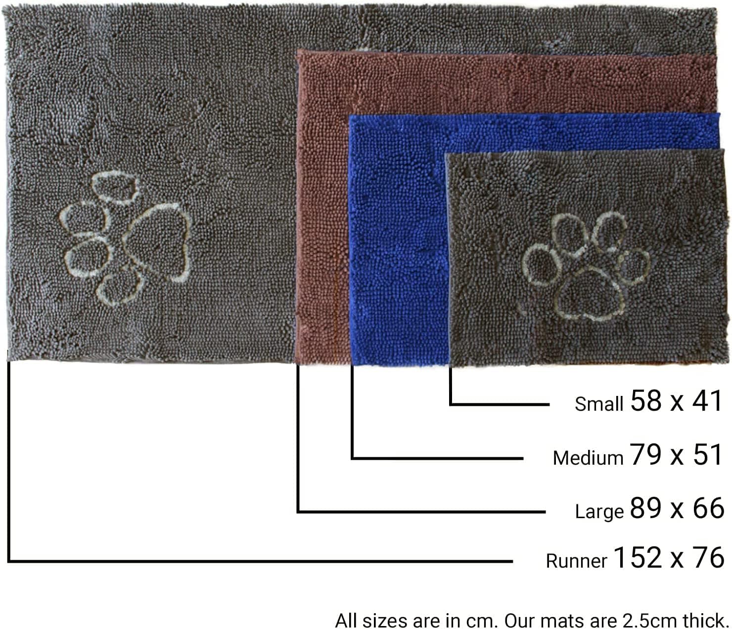 An image displaying the Dirty Dog Door Mat in Medium, Large, and Runner sizes, illustrating the variety of options available.