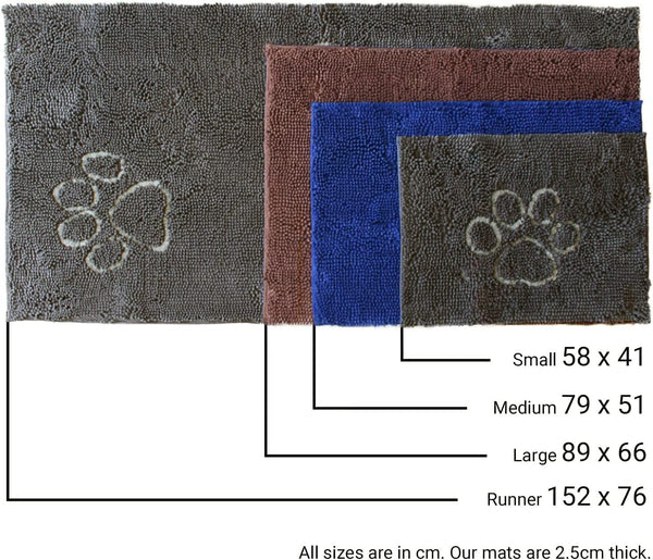 An image displaying the Dirty Dog Door Mat in Medium, Large, and Runner sizes, illustrating the variety of options available.