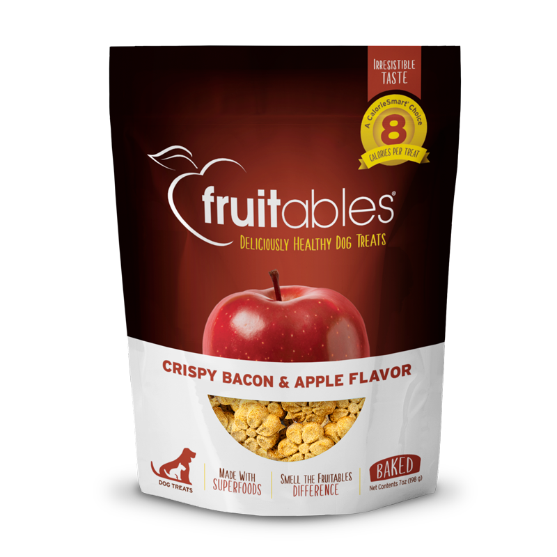 Front view of the Fruitables Baked Dog Treats - Crispy Bacon & Apple bag, highlighting the flavor and key benefits.