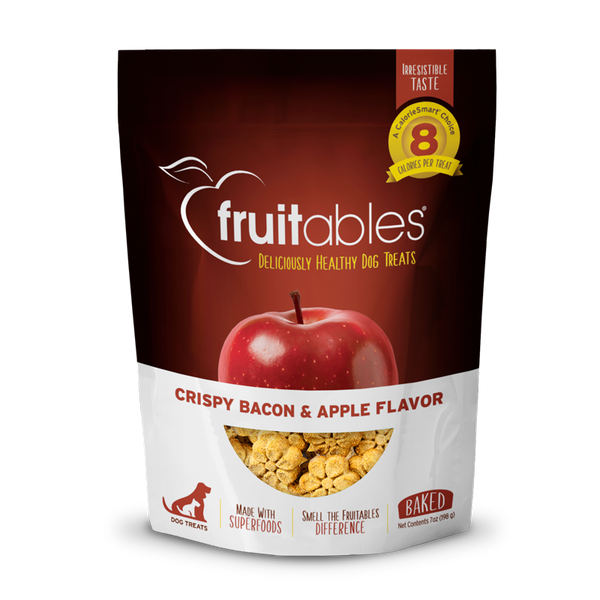 Front view of the Fruitables Baked Dog Treats - Crispy Bacon & Apple bag, highlighting the flavor and key benefits.