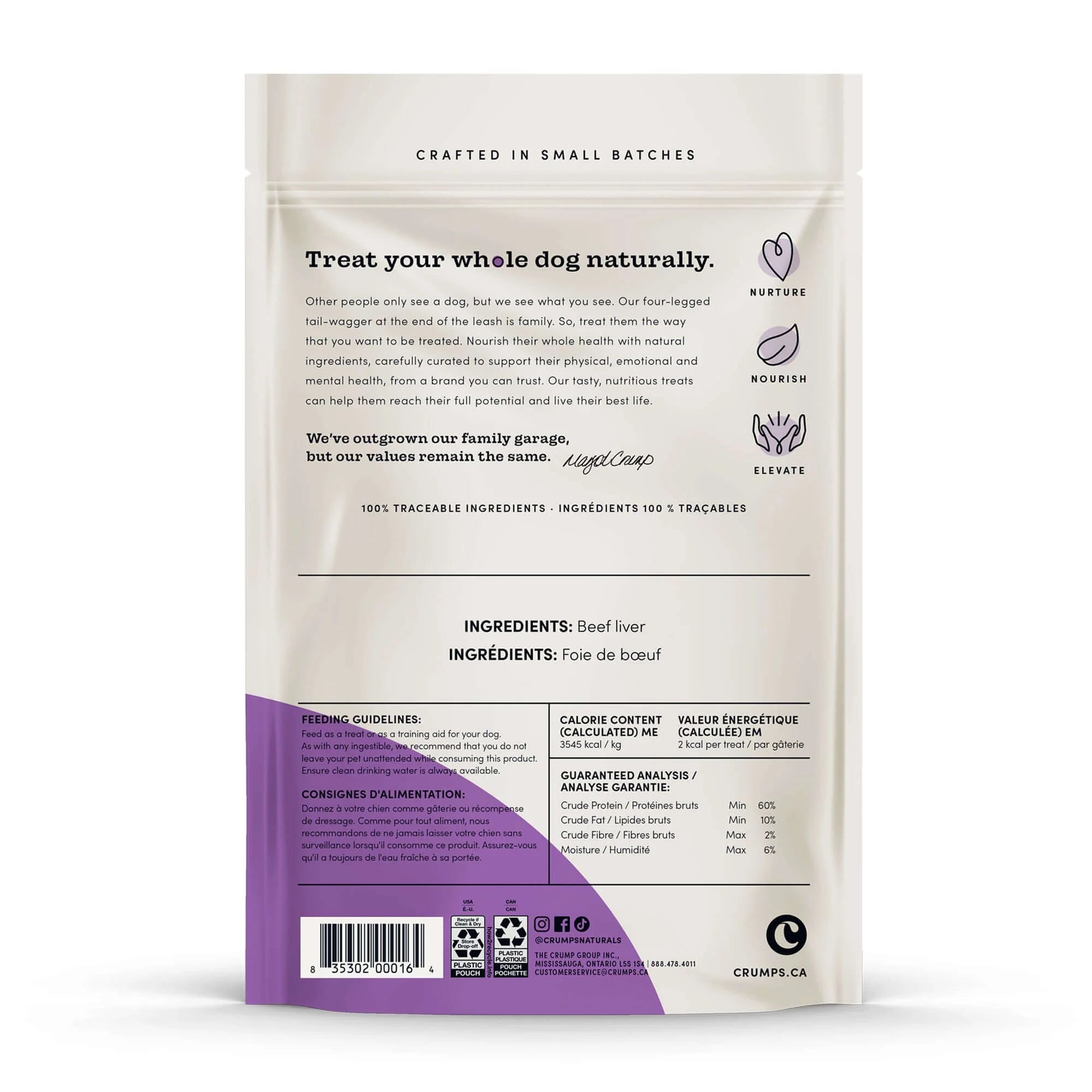 Detailed view of the ingredient list and guaranteed analysis, showcasing the single-ingredient, high-protein content.