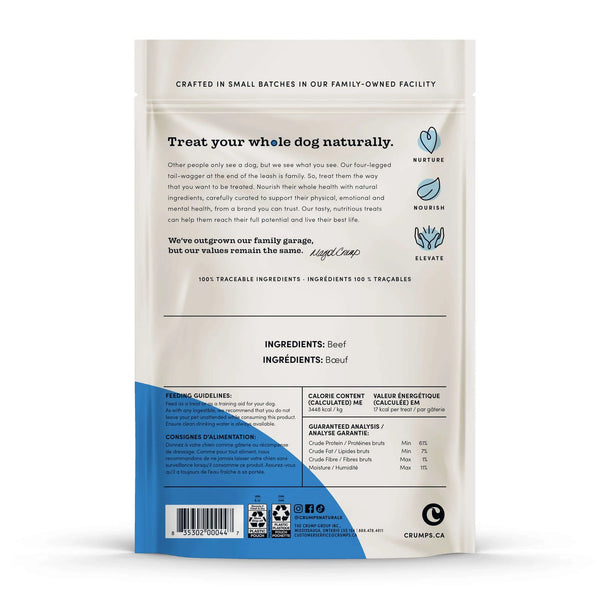 Image of Crumps' Naturals Beef Lung Tendersticks back packaging, showcasing ingredient transparency, guaranteed analysis, feeding guidelines, and nutritional benefits.