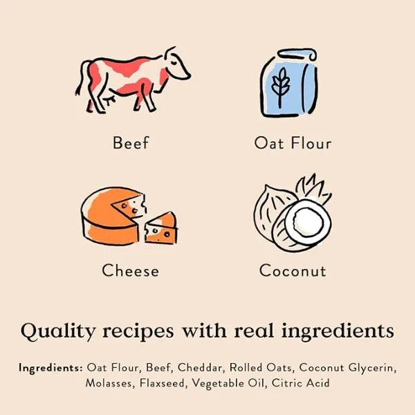 Quality ingredients in Bocce's Bakery Say Moo treats: Simple, natural goodness with real ingredients for your pup's health.
