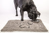 An image showing a water dish placed on the Dirty Dog Door Mat, demonstrating its absorbent quality to contain spills.