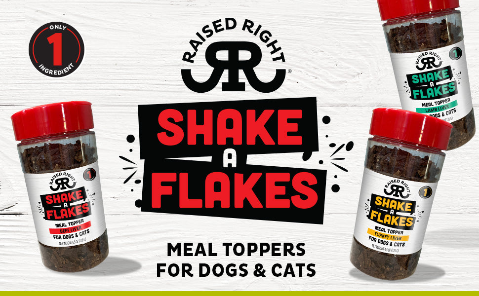 Raised Right - Shake - A - Flakes: Illustration showcasing the three flavors available - turkey, beef, and lamb - providing variety for pets.