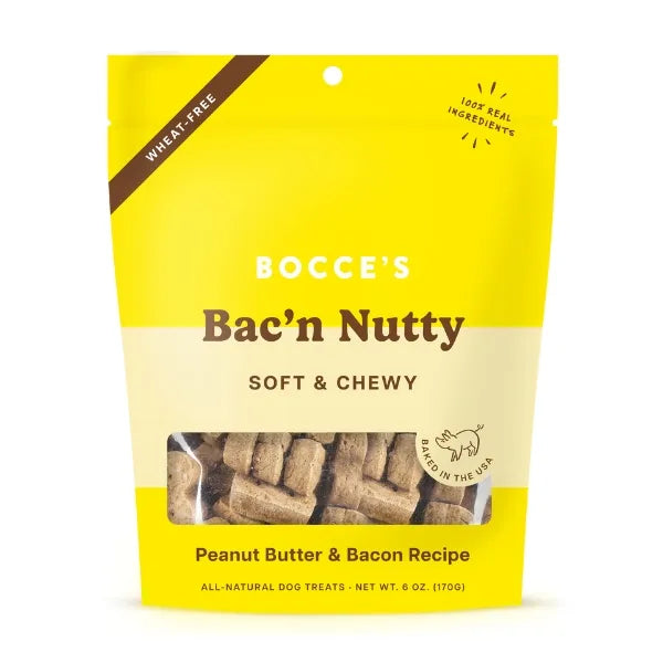 Bocce's Bakery Bacon + Peanut Butter treats: Soft, irresistible cookies for your pup's enjoyment.