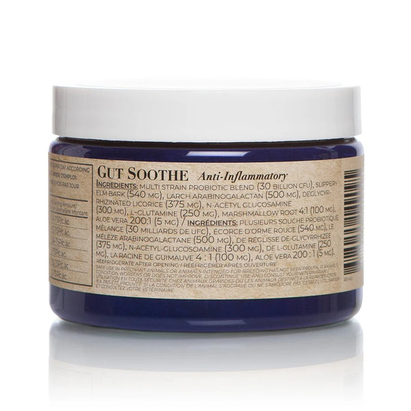 An image displaying the ingredient label on the side of the Gut Soothe bottle, emphasizing the natural and powerful components used in the formula.