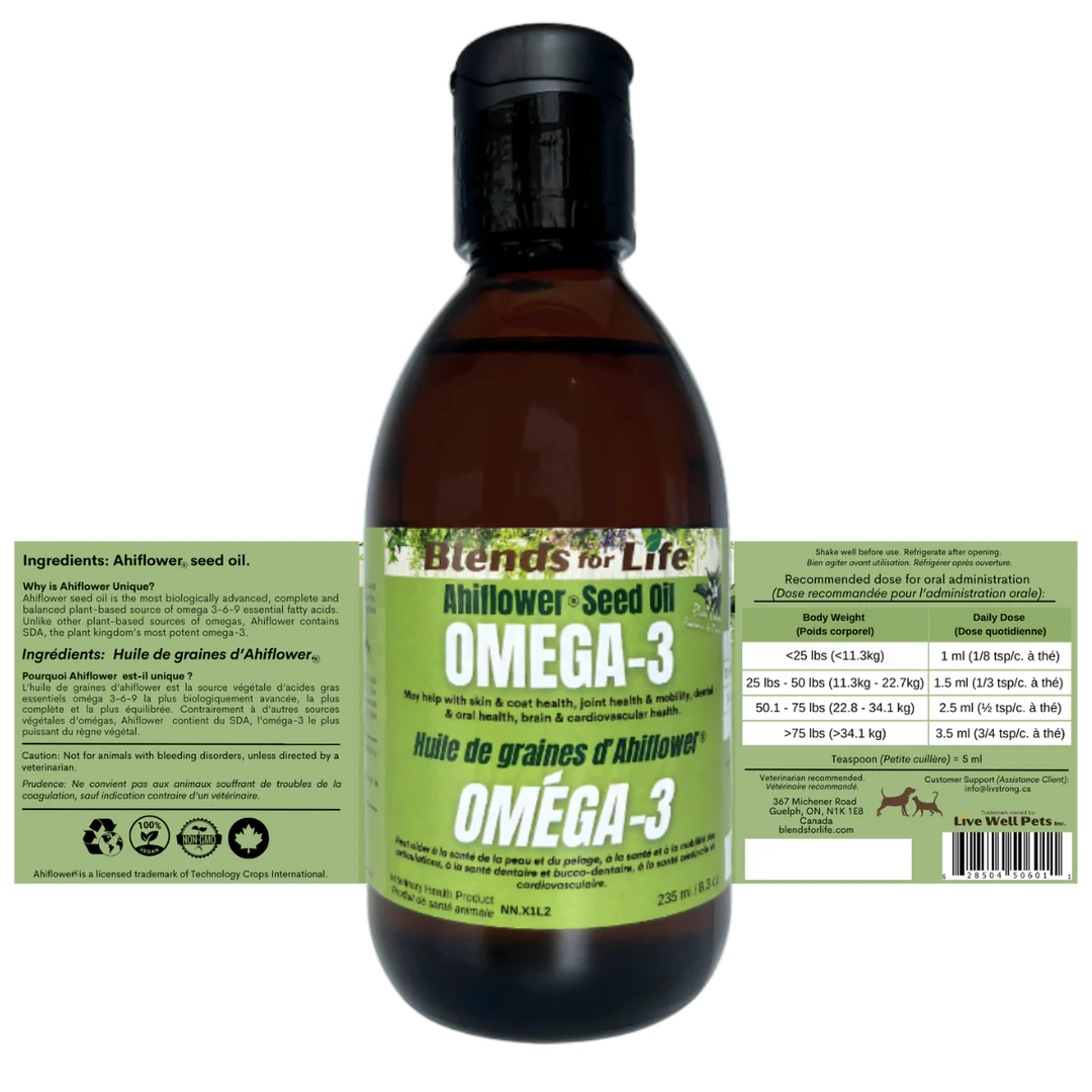 A detailed view of the product label, emphasizing its premium ingredients, plant-based formula, and health benefits for pets.