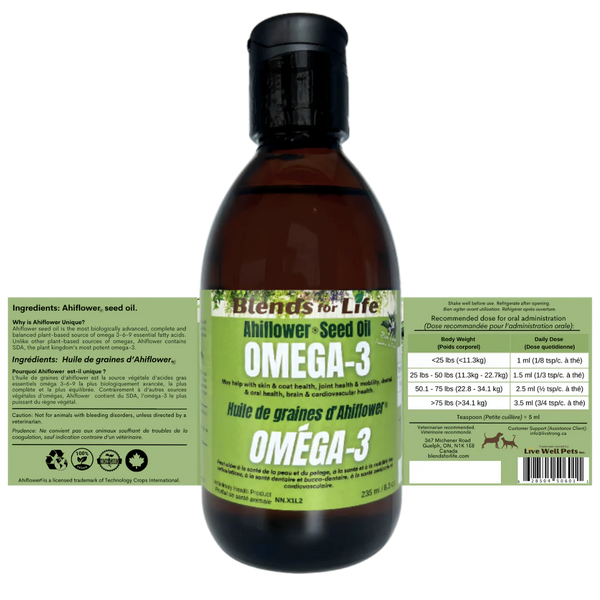 A detailed view of the product label, emphasizing its premium ingredients, plant-based formula, and health benefits for pets.