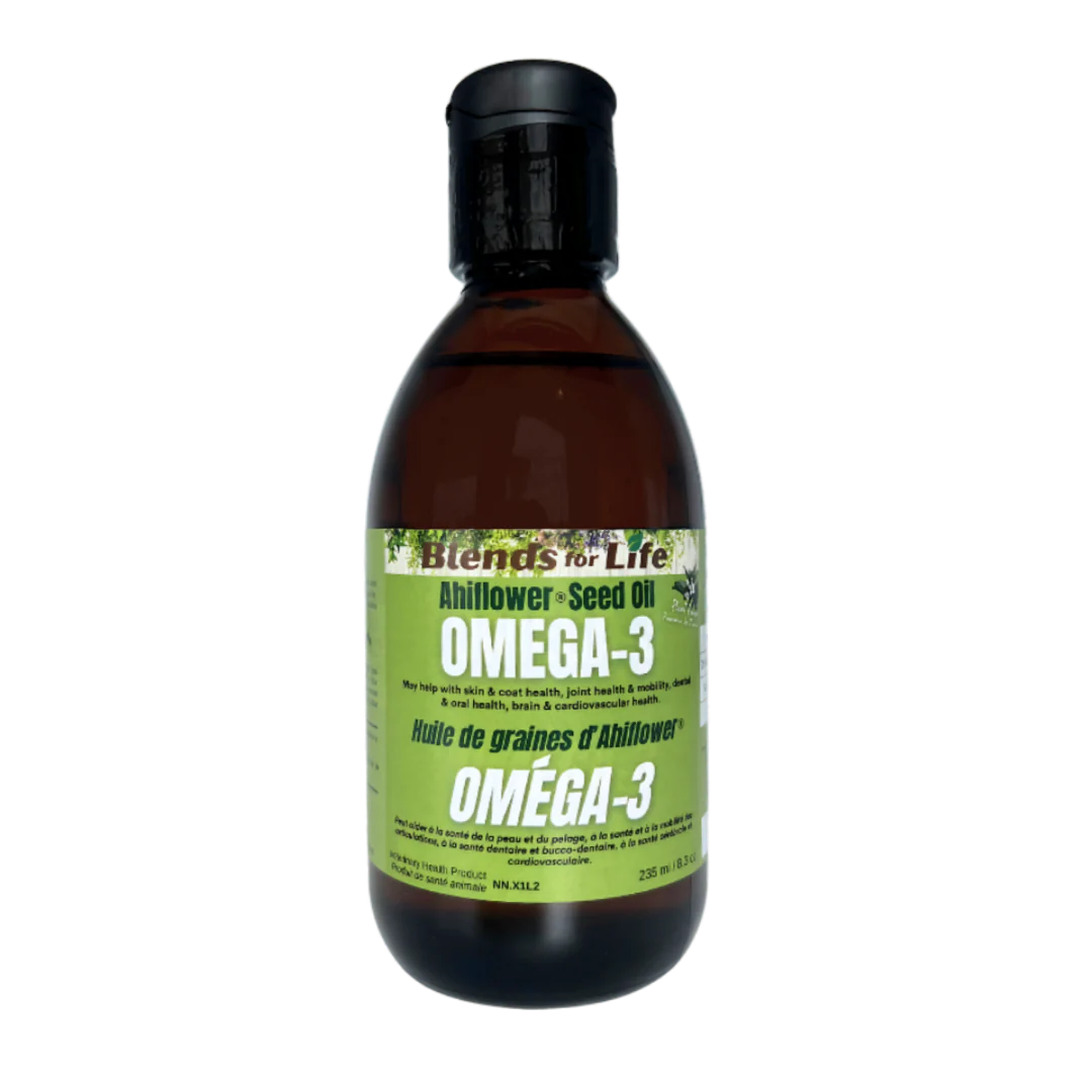 A close-up of Blends for Life Omega-3 Ahiflower Oil, highlighting its plant-based, sustainable omega-3 formula for joint, skin, and brain health.