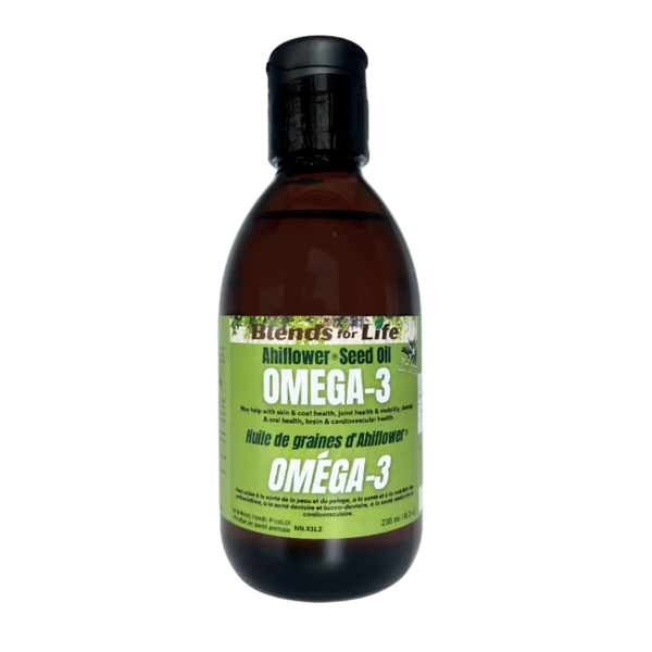 A close-up of Blends for Life Omega-3 Ahiflower Oil, highlighting its plant-based, sustainable omega-3 formula for joint, skin, and brain health.