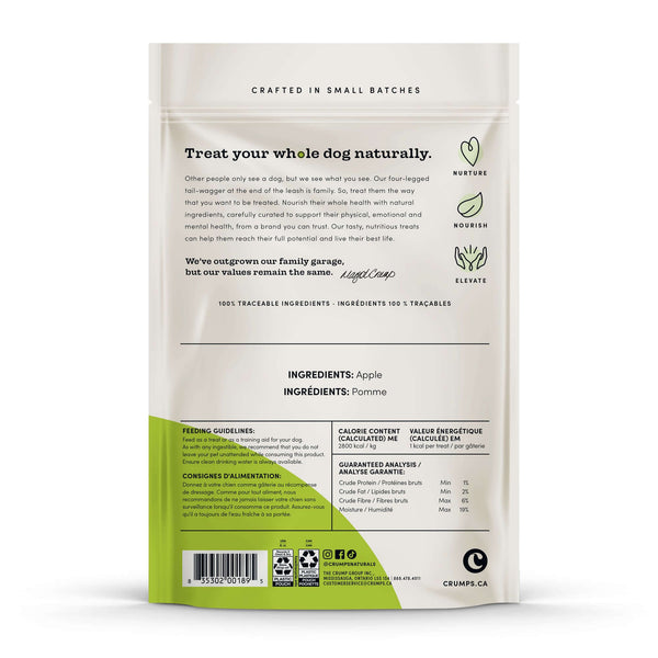 Crumps Apple Bites packaging with detailed ingredients, nutritional benefits, and feeding guidelines.