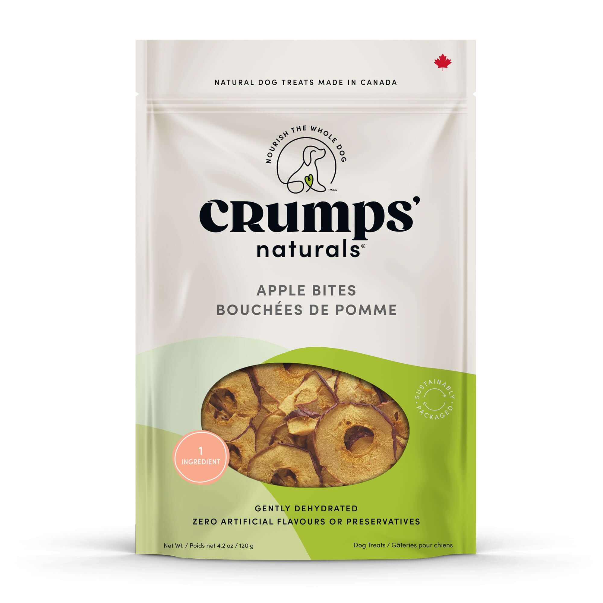 Crumps Apple Bites dog treats, made from fresh Canadian apples, soft and chewy for easy eating.