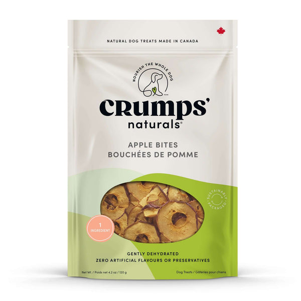 Crumps Apple Bites dog treats, made from fresh Canadian apples, soft and chewy for easy eating.