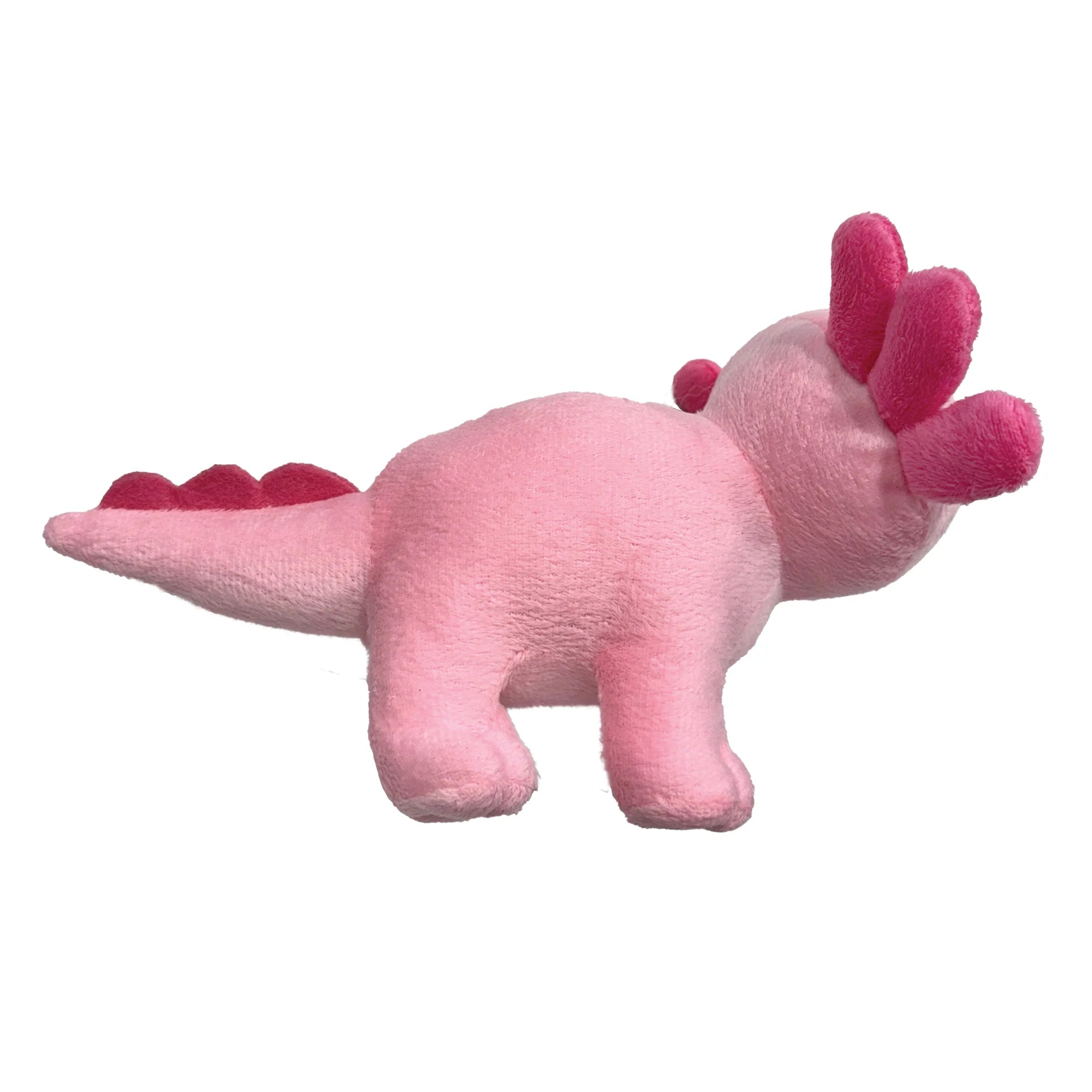 Side view of the small pink Axolotl Plush showcasing its rounded stuffed body, floppy legs, and plush texture designed for snuggling or gentle de-fluffing play.