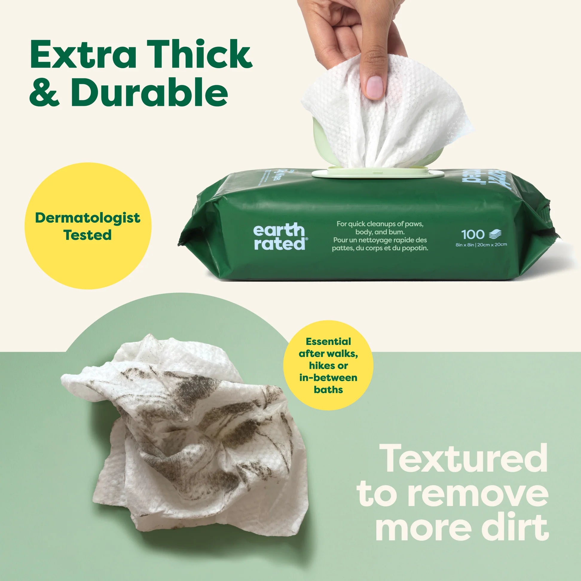 Close-up image of Earth Rated Grooming Wipe texture, designed to effectively grab and remove dirt and debris from a dog’s coat, paws, and underbelly.