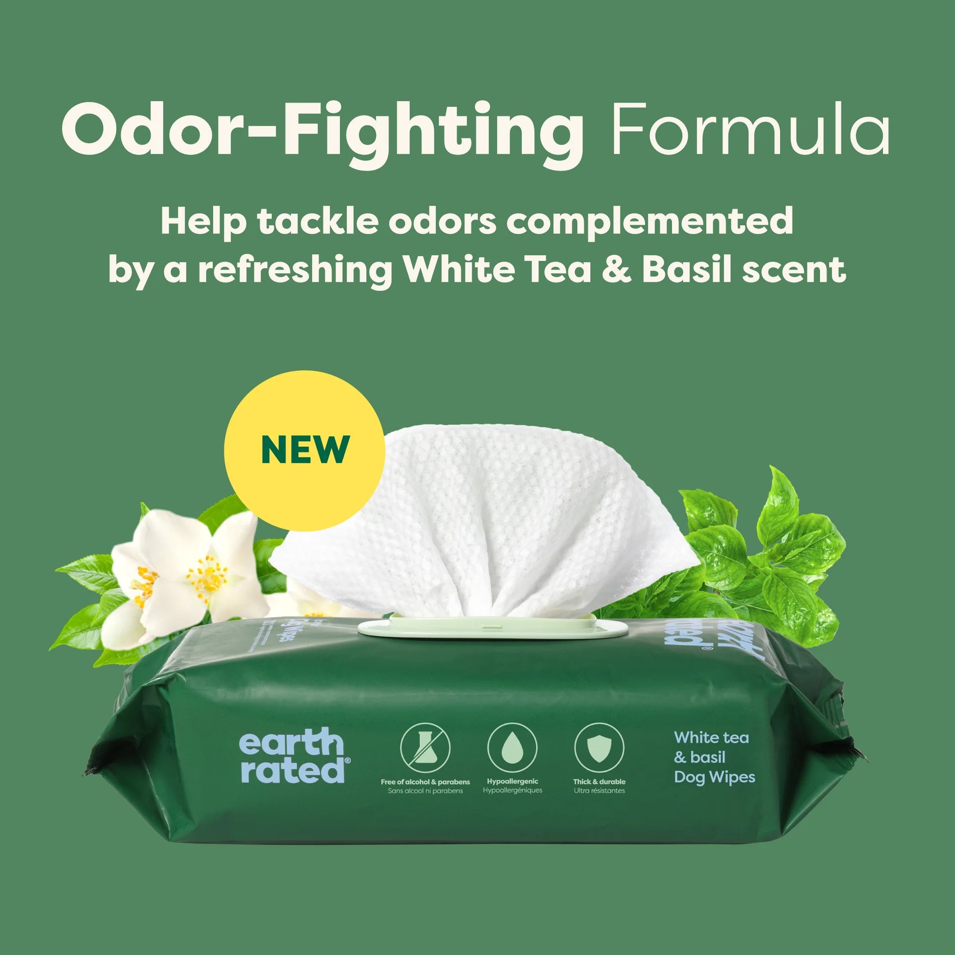 Image promoting Earth Rated Wipes’ odour-fighting formula, enhanced with a natural white tea and basil scent to leave dogs smelling fresh after every use.