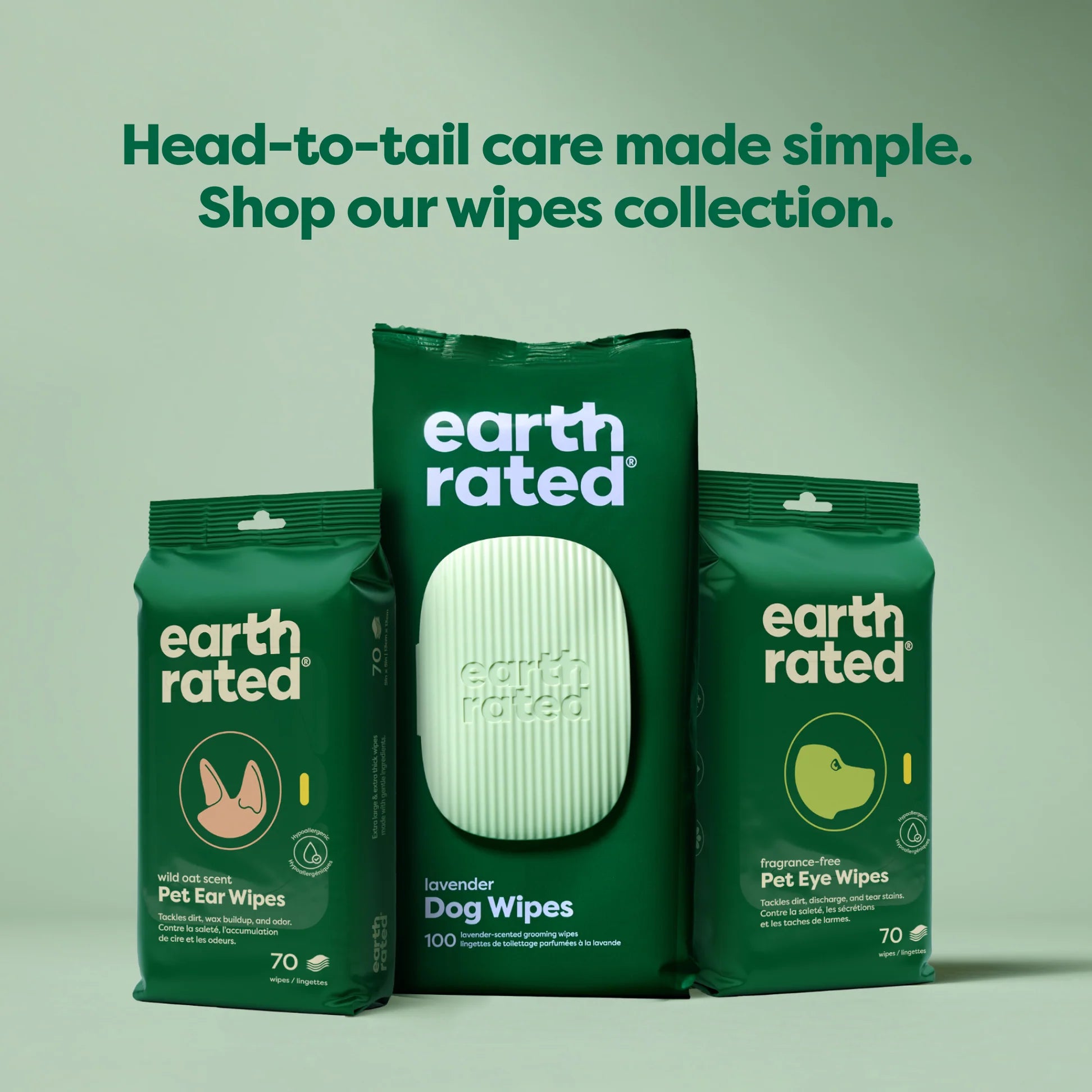 Image showcasing the full Earth Rated Wipes product line, demonstrating a range of options available for pet parents looking for gentle dog grooming solutions.