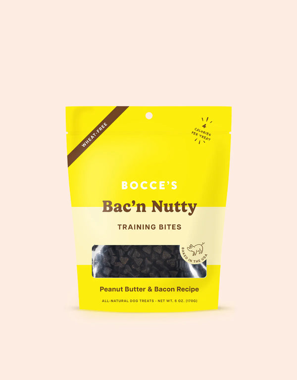 Bag of Bocce's Bakery Training Treats - Bac'n Nutty featuring real bacon and peanut butter flavours.