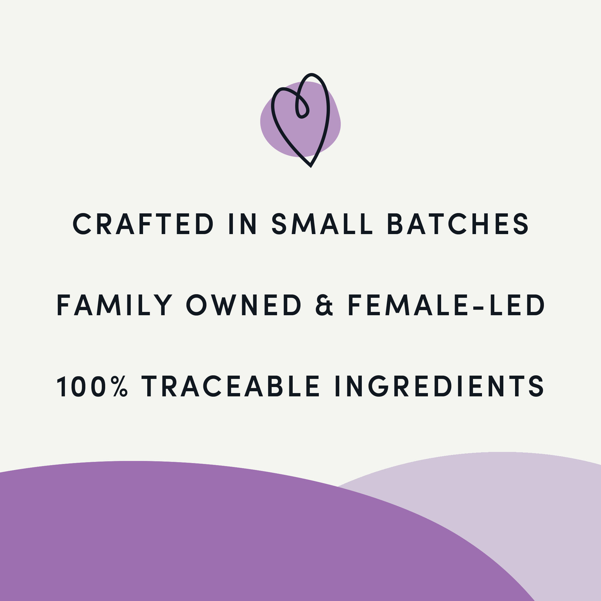 A visual emphasizing that these treats are crafted in small batches, family-owned, female-led, and made with 100% traceable ingredients.