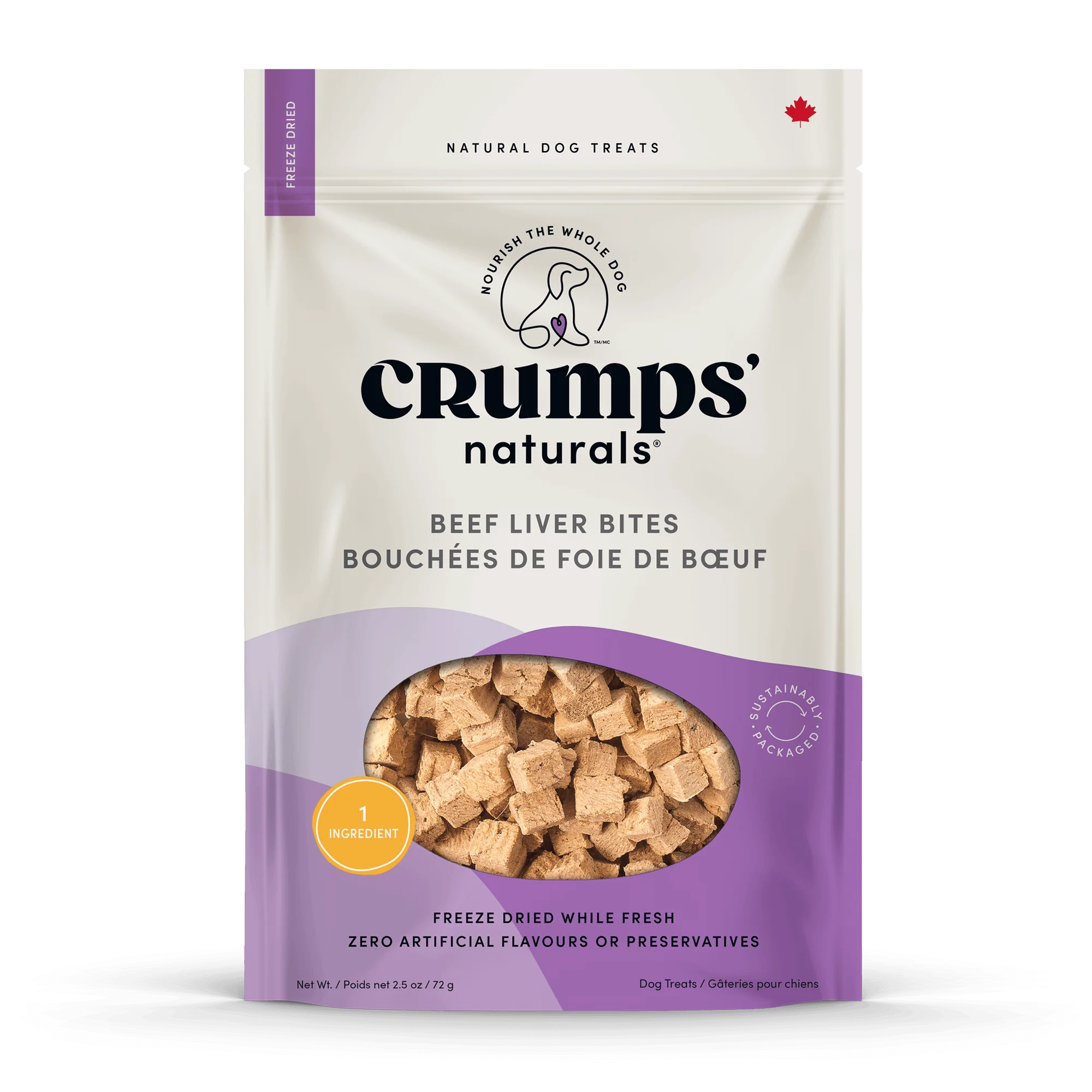 A close-up of the Crumps - Beef Liver Bites packaging, highlighting its 100% Canadian beef liver, freeze-dried process, and natural benefits.