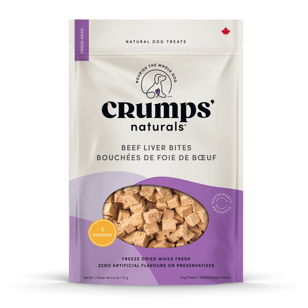 A close-up of the Crumps - Beef Liver Bites packaging, highlighting its 100% Canadian beef liver, freeze-dried process, and natural benefits.