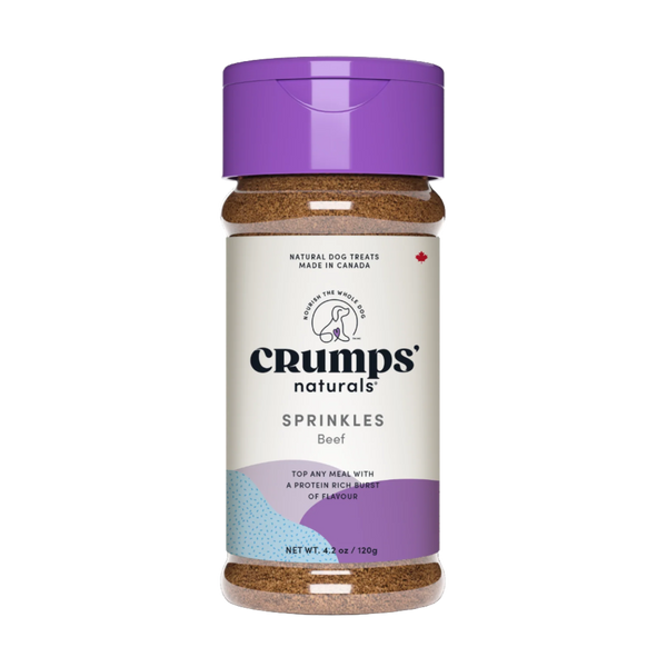 A close-up of Crumps - Beef Liver Sprinkles packaging, highlighting 100% Canadian beef liver, high-protein benefits, and single-ingredient purity.