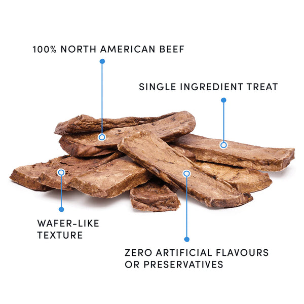Infographic highlighting the benefits of Crumps' Naturals Beef Lung Tendersticks, including high protein, single-ingredient simplicity, and no artificial additives.