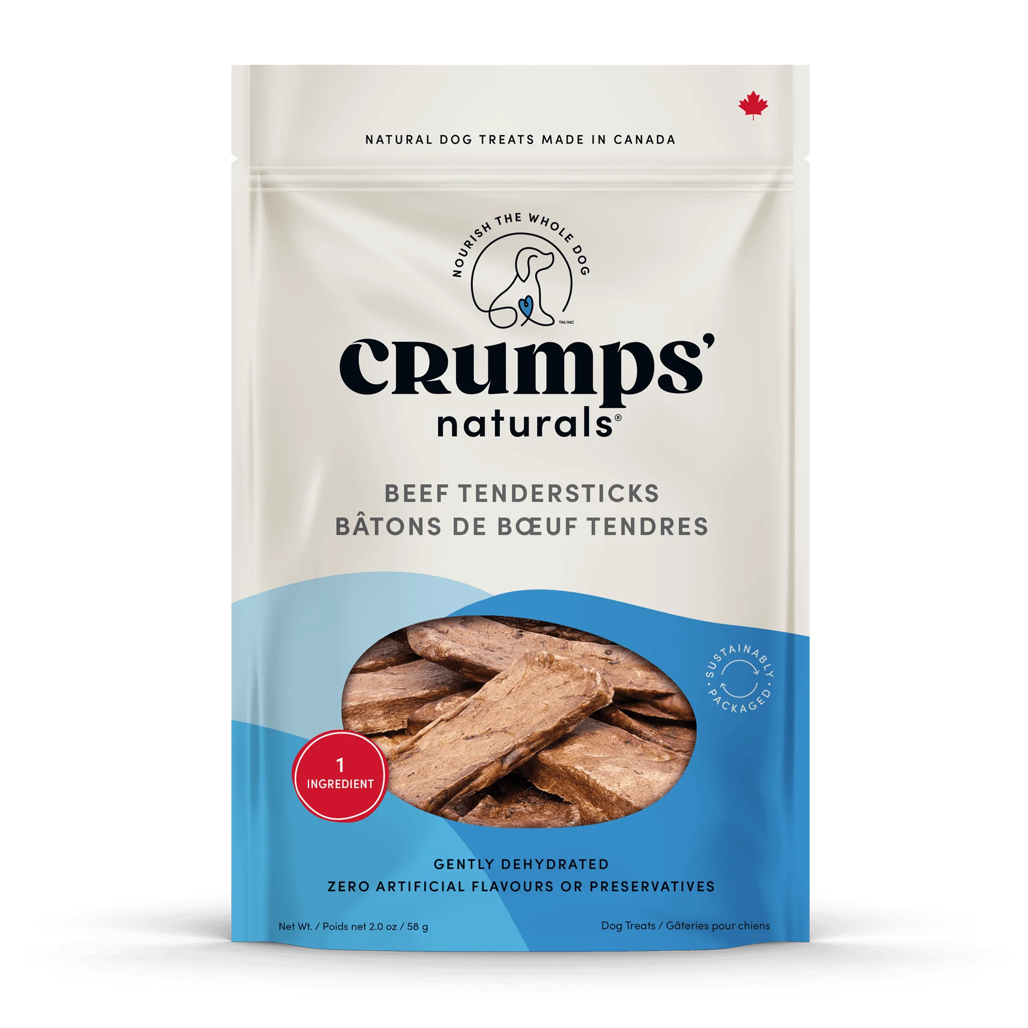 Close-up of Crumps' Naturals Beef Lung Tendersticks packaging, highlighting its all-natural, single-ingredient beef recipe, high protein, and Canadian-made quality.