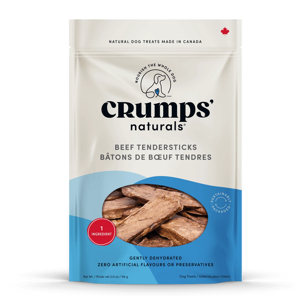 Close-up of Crumps' Naturals Beef Lung Tendersticks packaging, highlighting its all-natural, single-ingredient beef recipe, high protein, and Canadian-made quality.