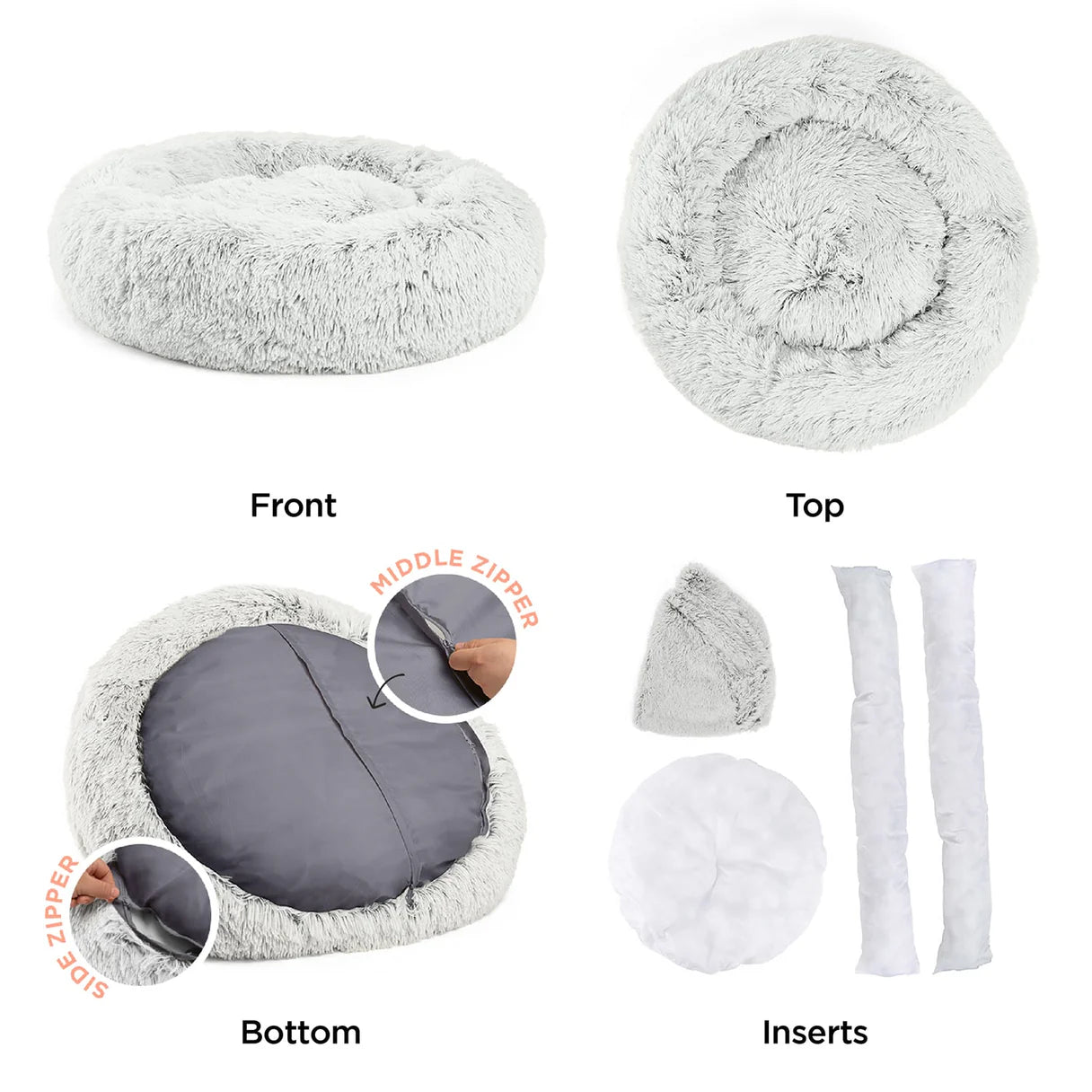 A detailed view of the Best Friends by Sheri Calming Donut Dog Bed showing the top, side, bottom views, and inner inserts.