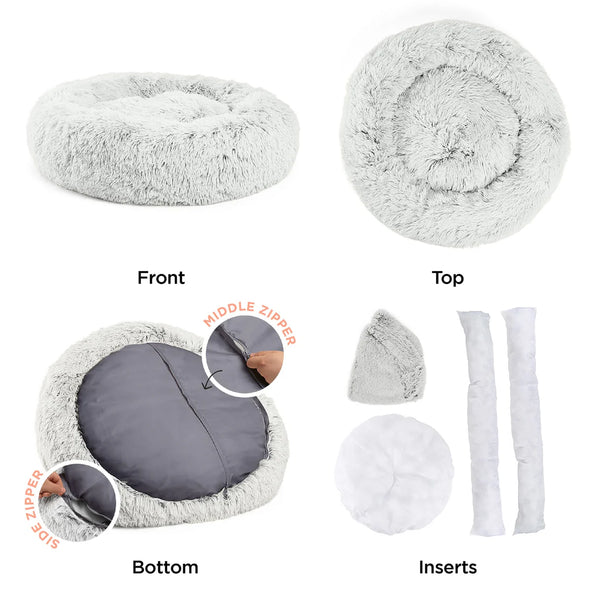 A detailed view of the Best Friends by Sheri Calming Donut Dog Bed showing the top, side, bottom views, and inner inserts.