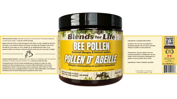 The back label of Blends For Life Canadian Bee Pollen provides important product details, including nutritional benefits, feeding guidelines, and dosage recommendations. This premium supplement contains natural enzymes, amino acids, and essential vitamins that may help with immune support, digestion, and overall health. Free from artificial additives, it’s a pure and natural way to support your dog’s vibrant well-being.