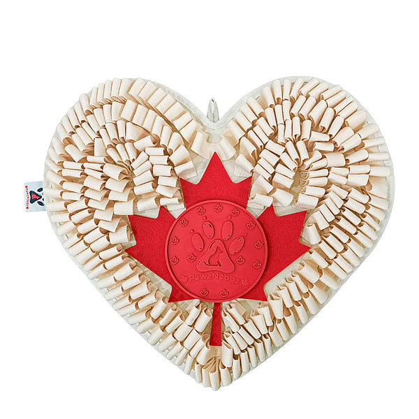 A vibrant, maple leaf-shaped snuffle mat designed for dogs, featuring multiple hiding spots for treats to enhance foraging skills and mental stimulation.