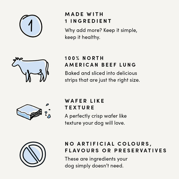 A visual diagram displaying the health benefits of Crumps' Naturals Beef Lung Tendersticks, such as improved digestion, protein-rich nutrition, and dental support.