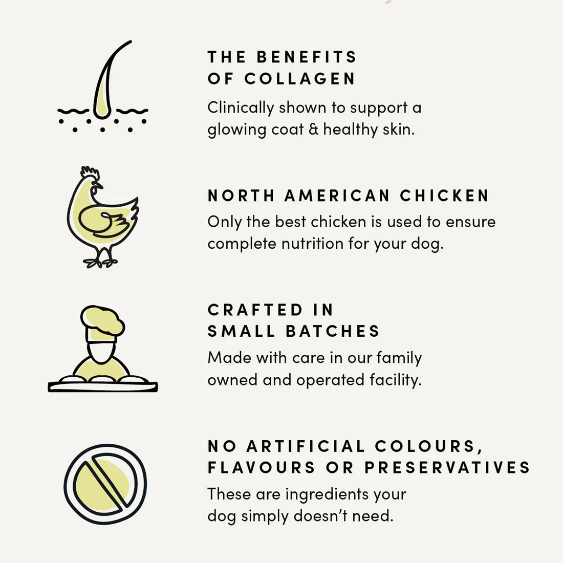 A clear and informative image showing the
benefits of the chicken collagen jerky treats.