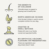 A clear and informative image showing the
benefits of the chicken collagen jerky treats.