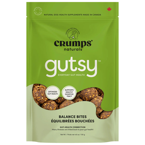 Image showing the front of Crumps' Naturals Gutsy Balance Bites bag, highlighting its benefits for gut health and digestion using natural probiotics and prebiotics for dogs.