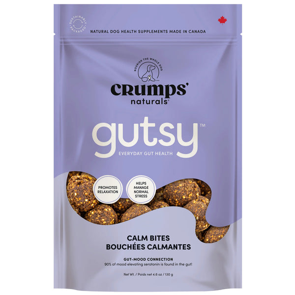 Image of Crumps' Naturals Gutsy Calm Bites treat bag featuring stress-relief support and gut-boosting ingredients like Ashwagandha and prebiotics.