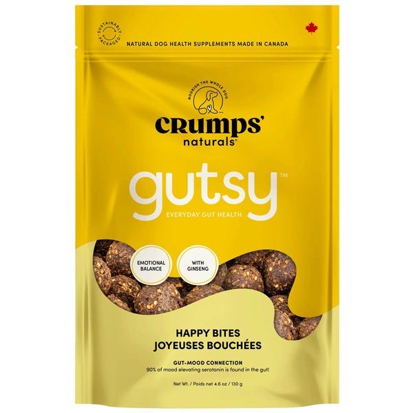Image showing the front of Crumps' Naturals Gutsy Happy Bites bag, highlighting gut-boosting prebiotics and adaptogens that support mood and digestive health in dogs.