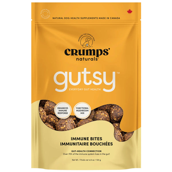 Front view of Crumps' Naturals Gutsy Immune Bites showing premium, Canadian-made dog treats that support gut and immune health with probiotics and mushrooms.