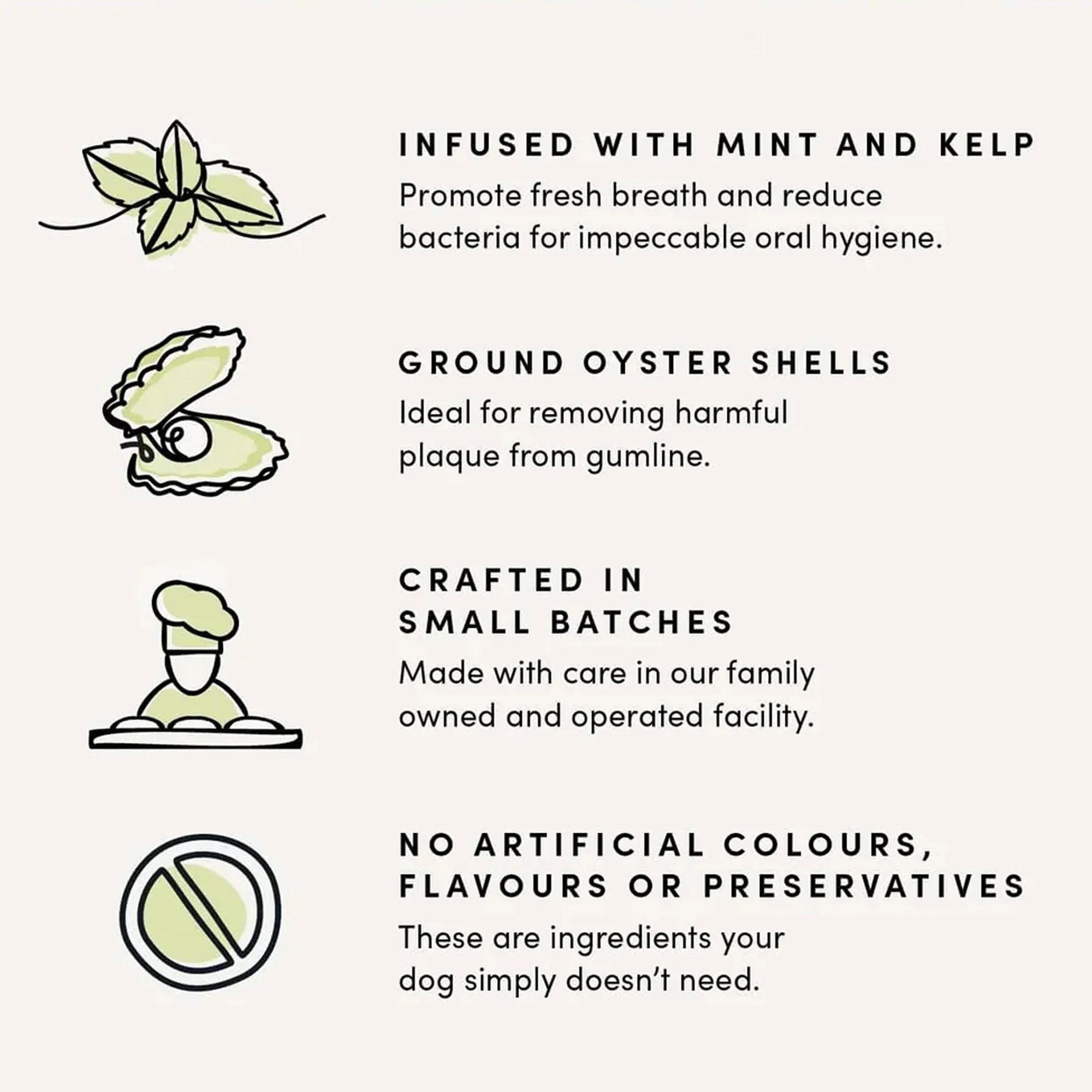 An image listing the key benefits, including natural ingredients, dental health support, and Canadian-made quality.