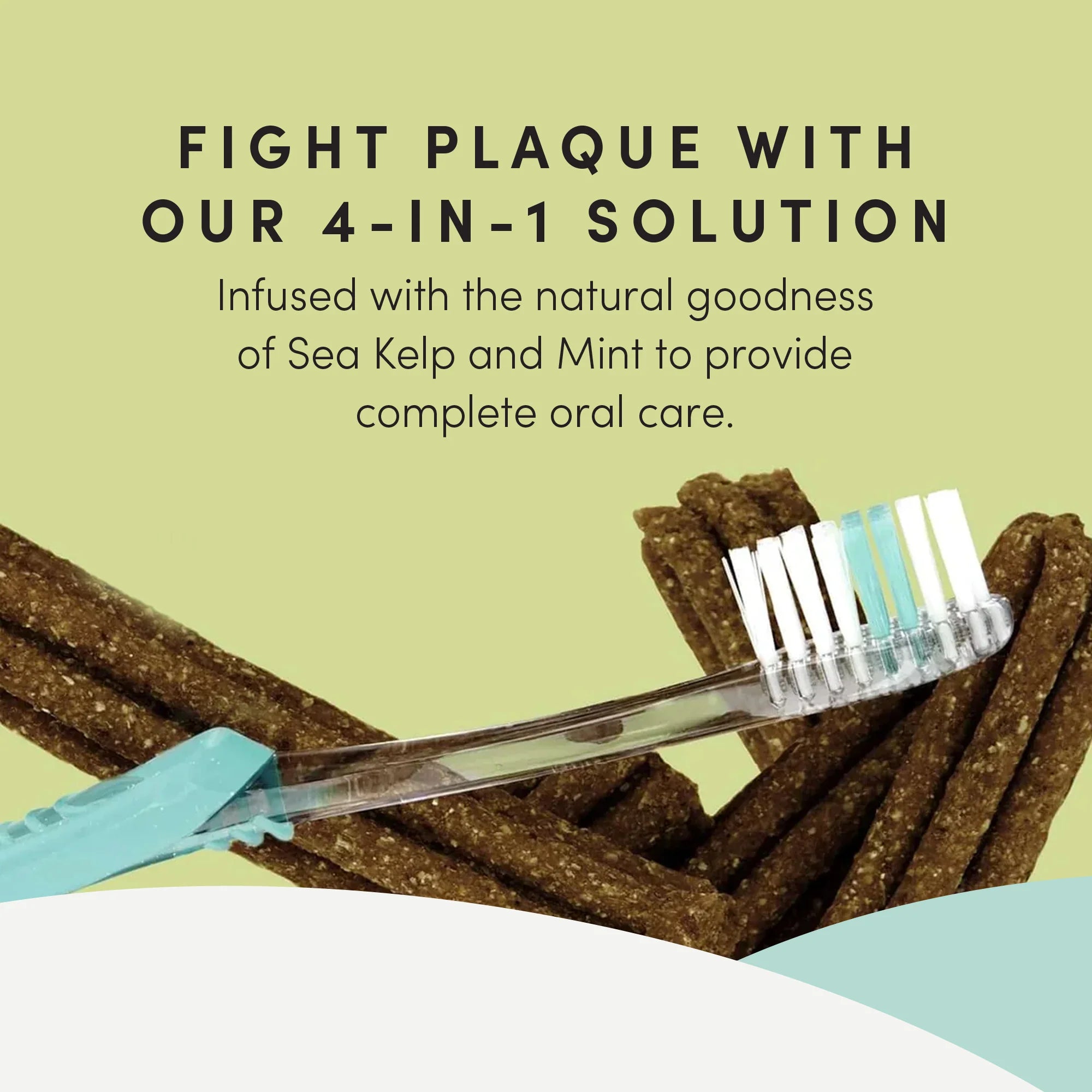 A visual explaining the 4-in-1 benefits: fresh breath, plaque reduction, gum health, and enjoyable chewing.