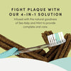 A visual explaining the 4-in-1 benefits: fresh breath, plaque reduction, gum health, and enjoyable chewing.