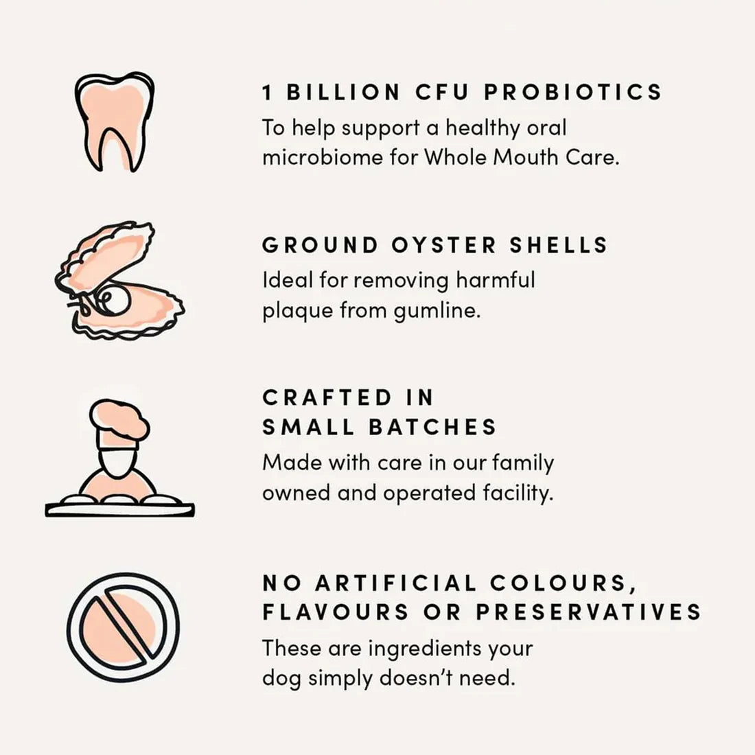 A comparison highlighting fresh breath, tartar control, gum health, and natural, grain-free ingredients versus traditional dental chews.