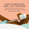 An illustration detailing the benefits of the flower ridge design, oyster shells for plaque removal, and probiotics for overall health.