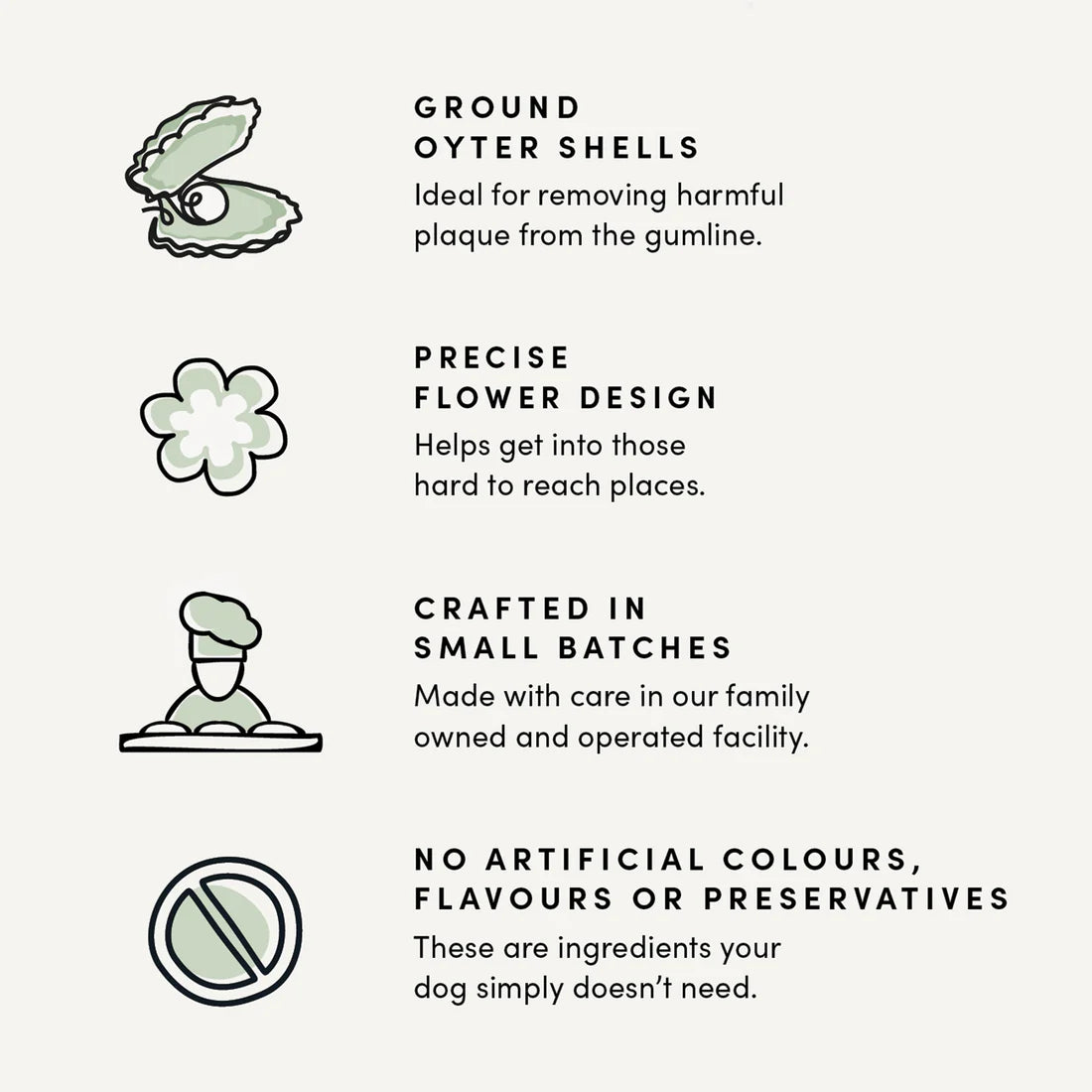 A graphic showcasing the bacon flavour, safe and flexible texture, improved dental cleaning shape, and natural ingredients.