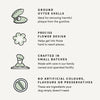 A graphic showcasing the bacon flavour, safe and flexible texture, improved dental cleaning shape, and natural ingredients.